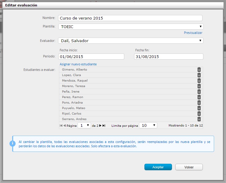 Configuracion de una evaluación